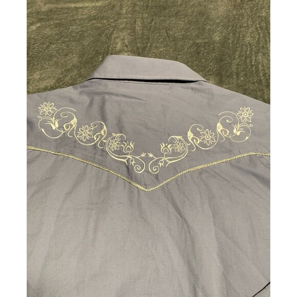 Back in the Saddle Shirt XL Blue Embroidered Flower Pearl Snap Western Cowgirl - Picture 9 of 16